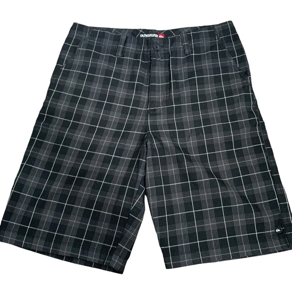 Quiksilver Embroidered Chino Shorts 30 Black Plaid Flat Front Pockets Button Zip